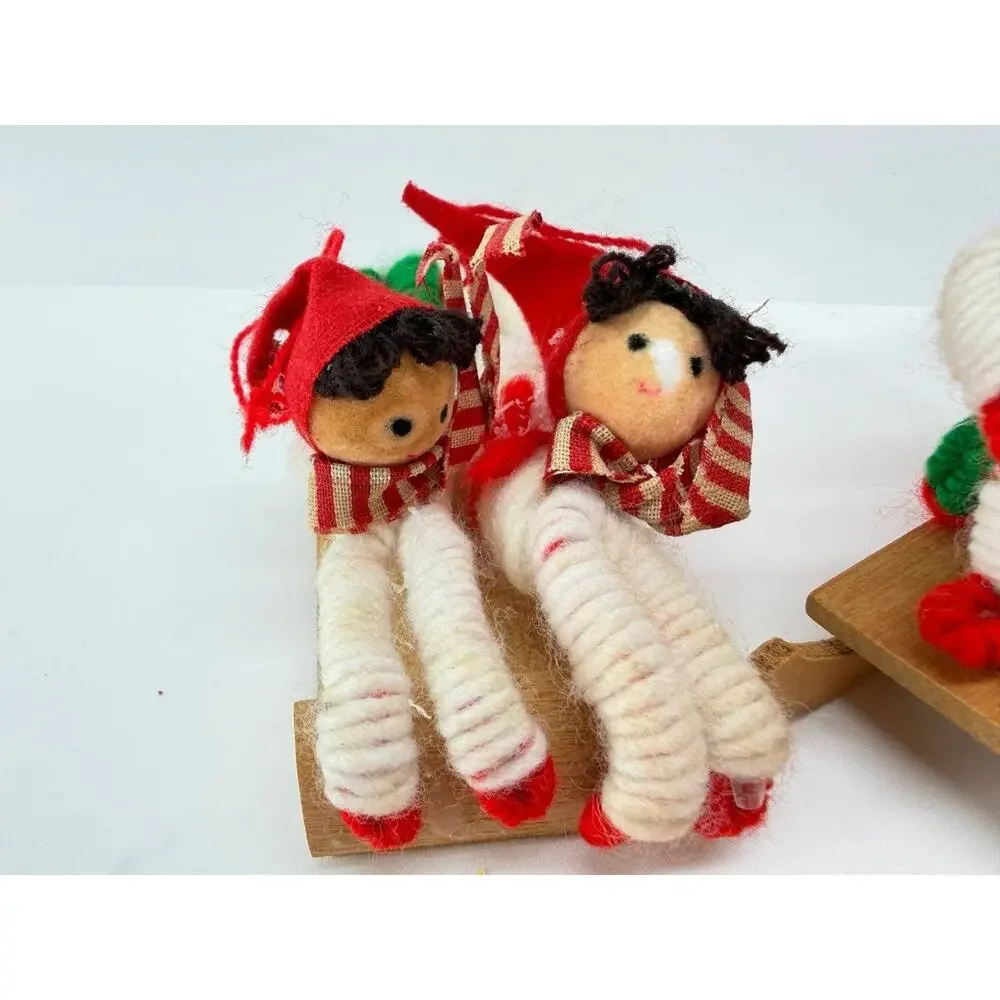 Vintage Taiwan Christmas Yarn Doll Children Wooden Sled Holiday Figurine Set